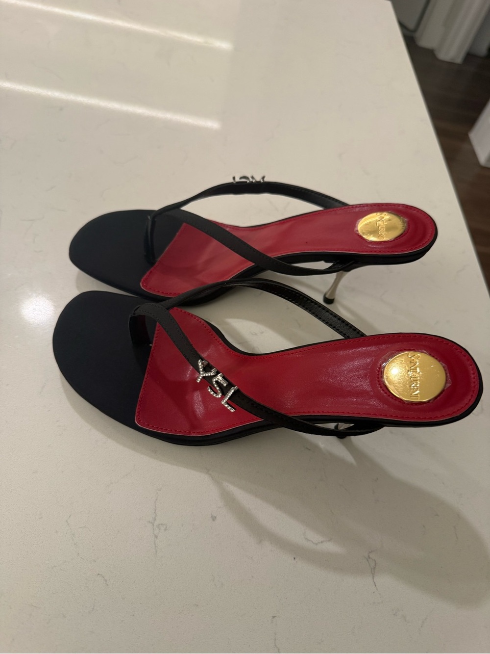 Saint Laurent Black Heeled Slingback Sandals with Red Footbed - Picture 2 of 8